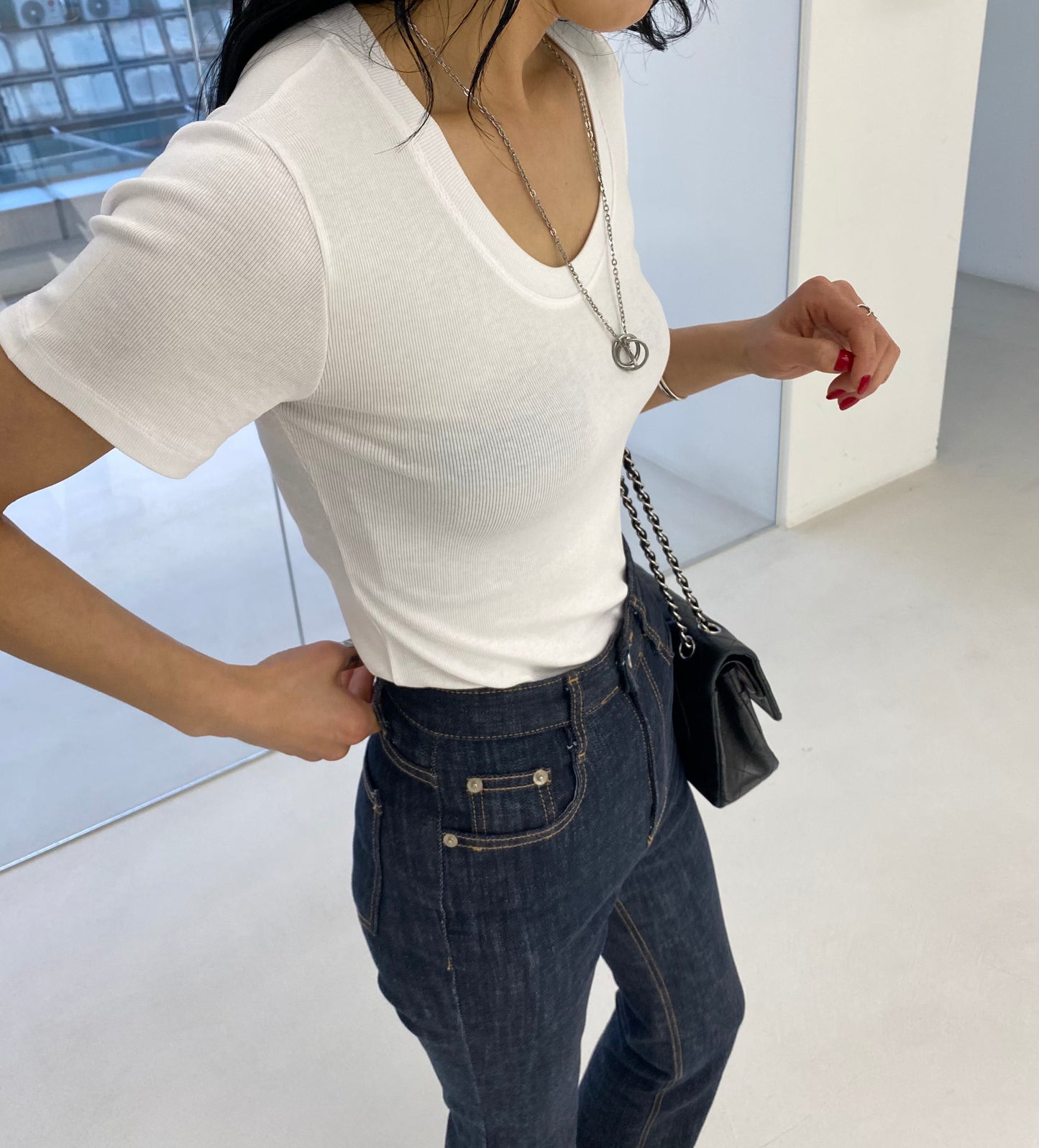 Rayon Rib U-neck Shirt - Shortsleeved