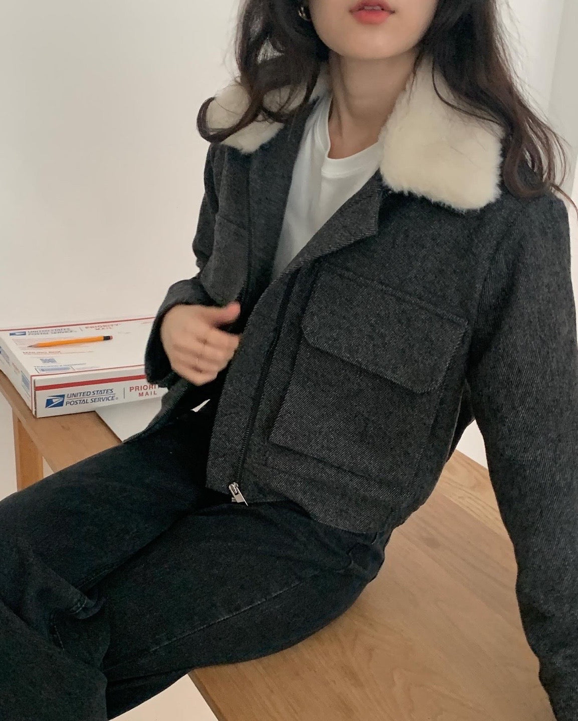 Wool Twill Jacket with Wool Fleece Collar - 1 left in CHarcoal