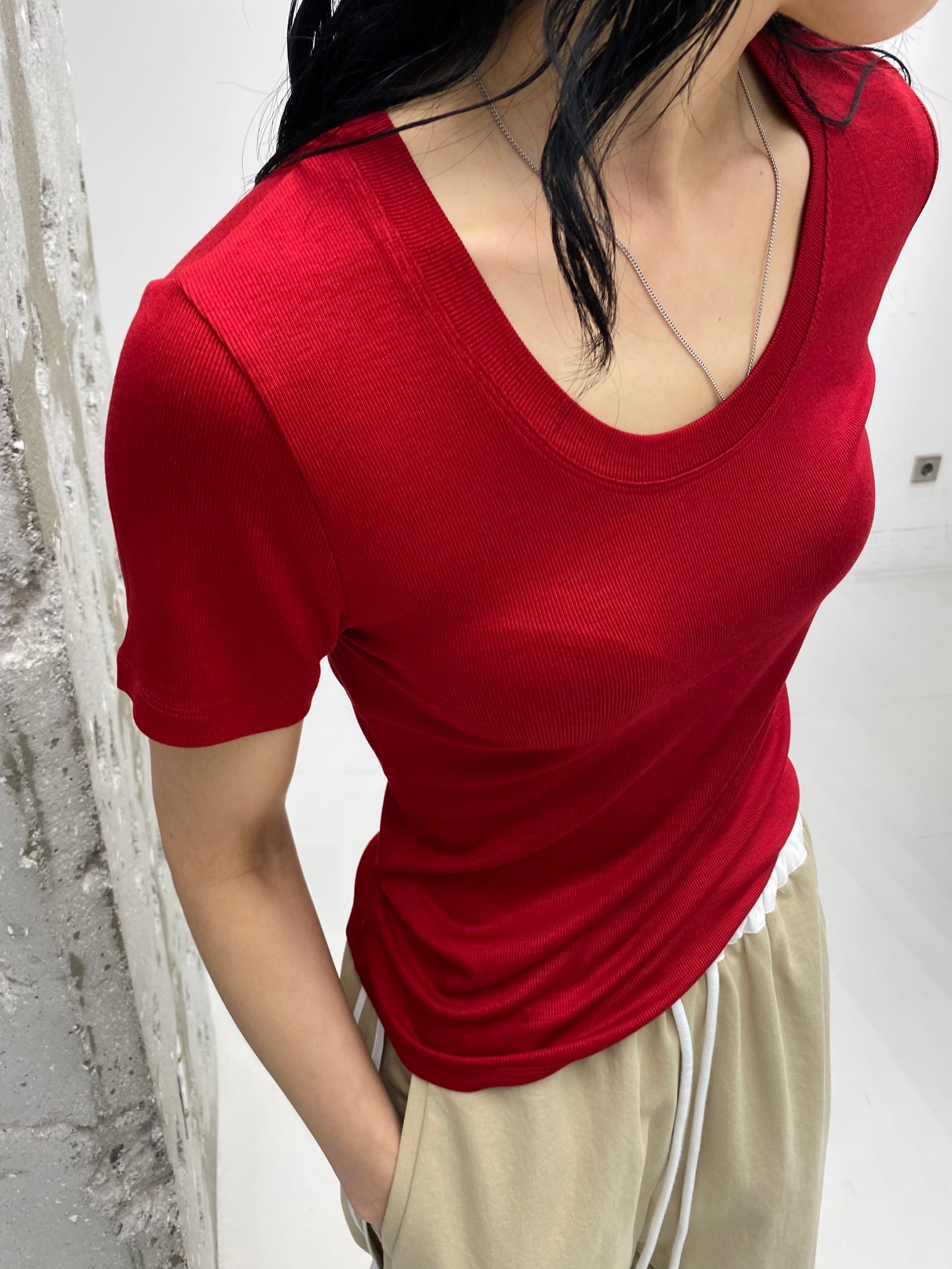 Rayon Rib U-neck Shirt - Shortsleeved