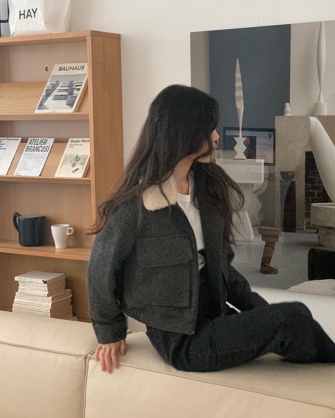 Wool Twill Jacket with Wool Fleece Collar - 1 left in CHarcoal