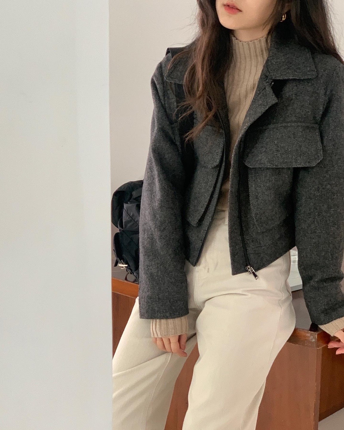 Wool Twill Jacket with Wool Fleece Collar - 1 left in CHarcoal