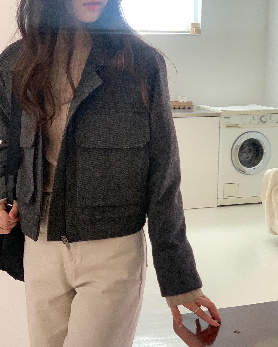 Wool Twill Jacket with Wool Fleece Collar - 1 left in CHarcoal