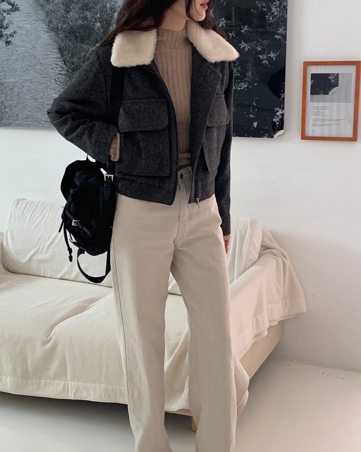 Wool Twill Jacket with Wool Fleece Collar - 1 left in CHarcoal