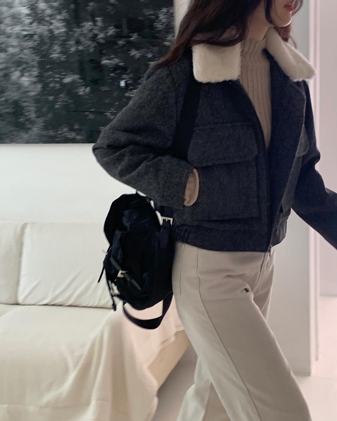 Wool Twill Jacket with Wool Fleece Collar - 1 left in CHarcoal