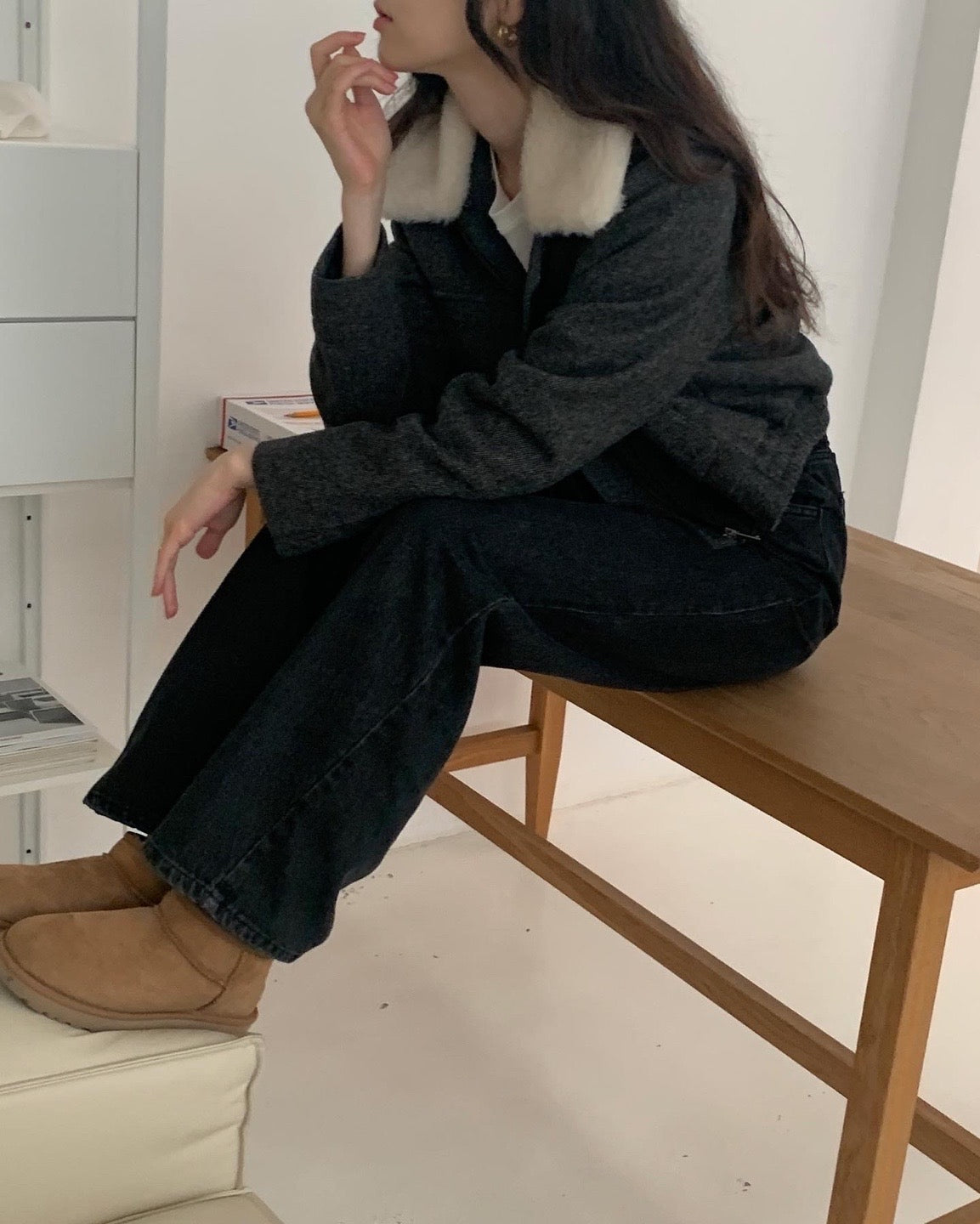 Wool Twill Jacket with Wool Fleece Collar - 1 left in CHarcoal