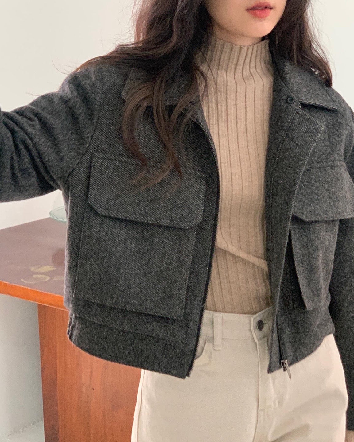 Wool Twill Jacket with Wool Fleece Collar - 1 left in CHarcoal