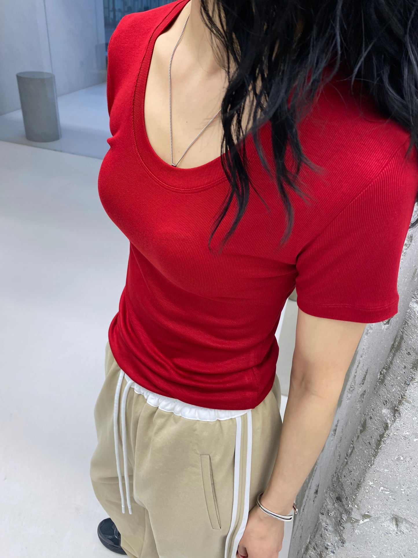 Rayon Rib U-neck Shirt - Shortsleeved