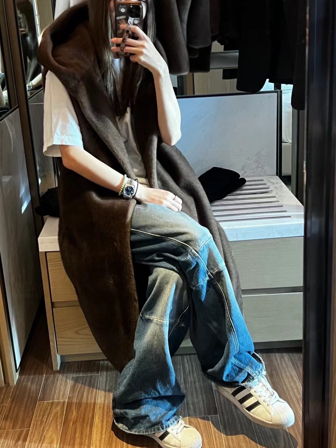 Faux Fur Hooded Robe Vest