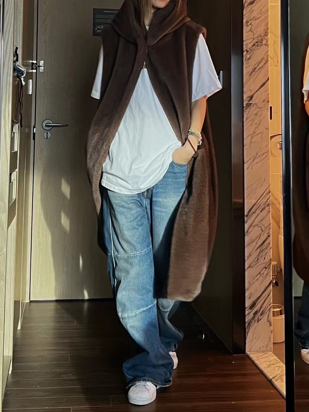 Faux Fur Hooded Robe Vest