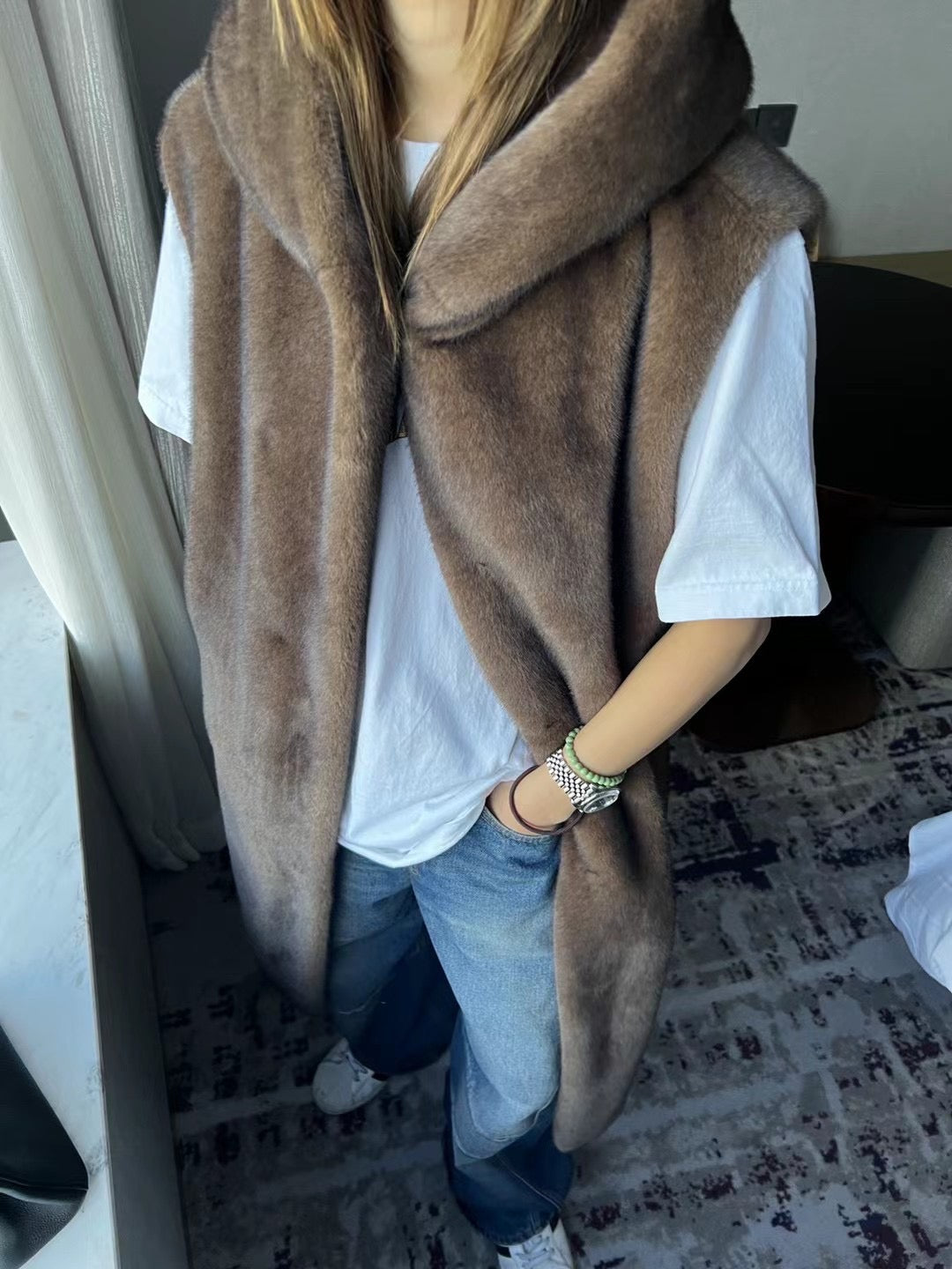 Faux Fur Hooded Robe Vest