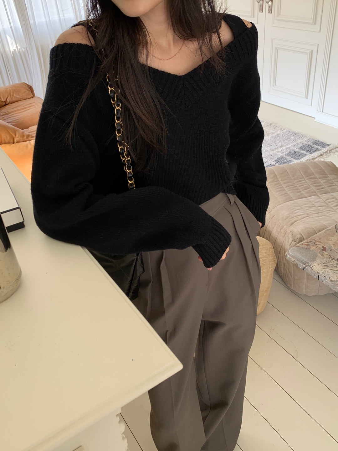 Wool V Neck Off Shoulder Sweater