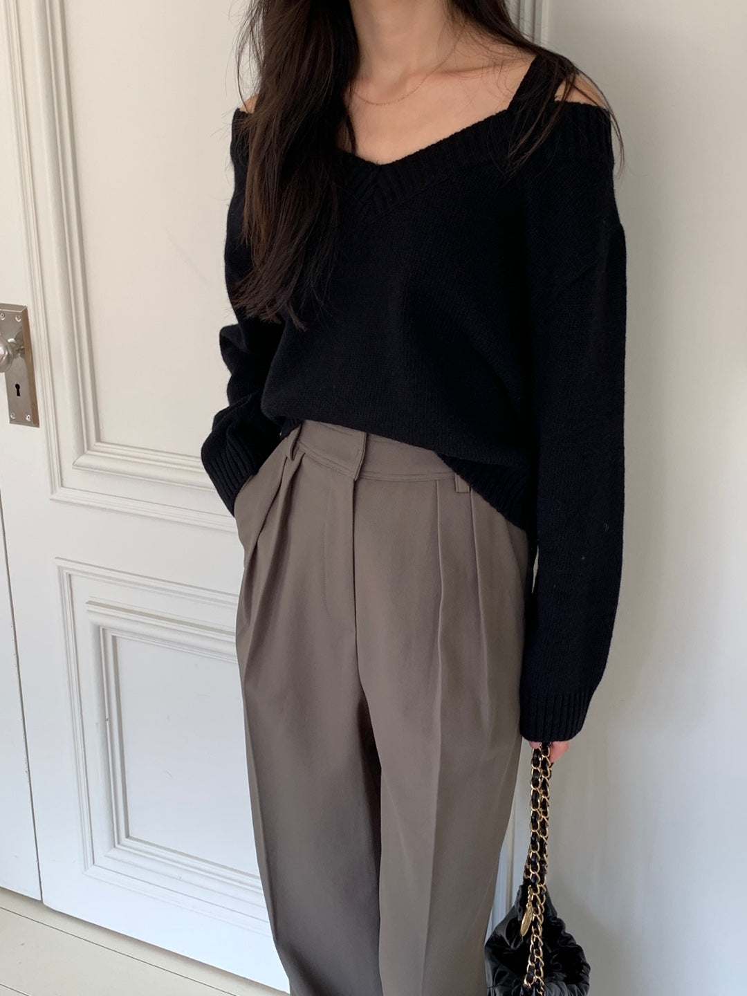 Wool V Neck Off Shoulder Sweater