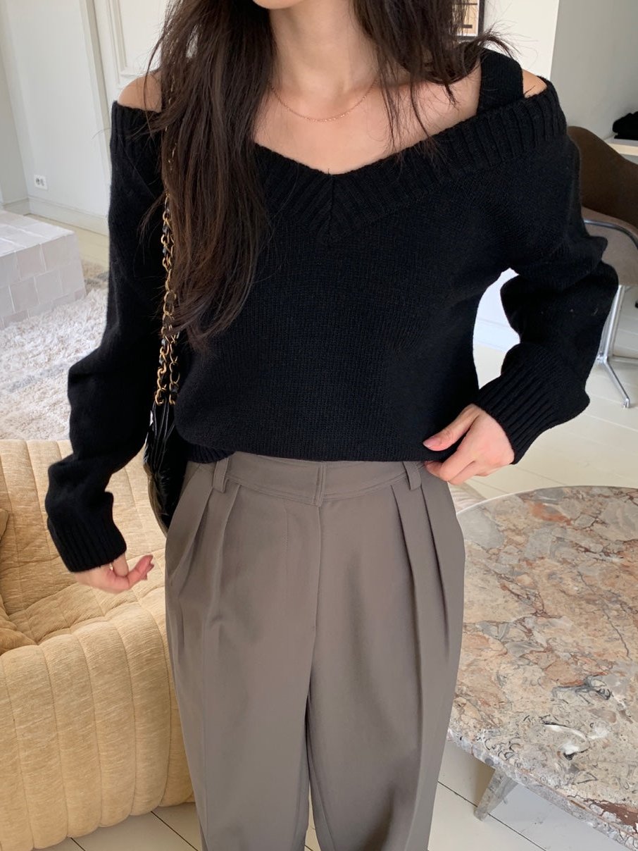 Wool V Neck Off Shoulder Sweater