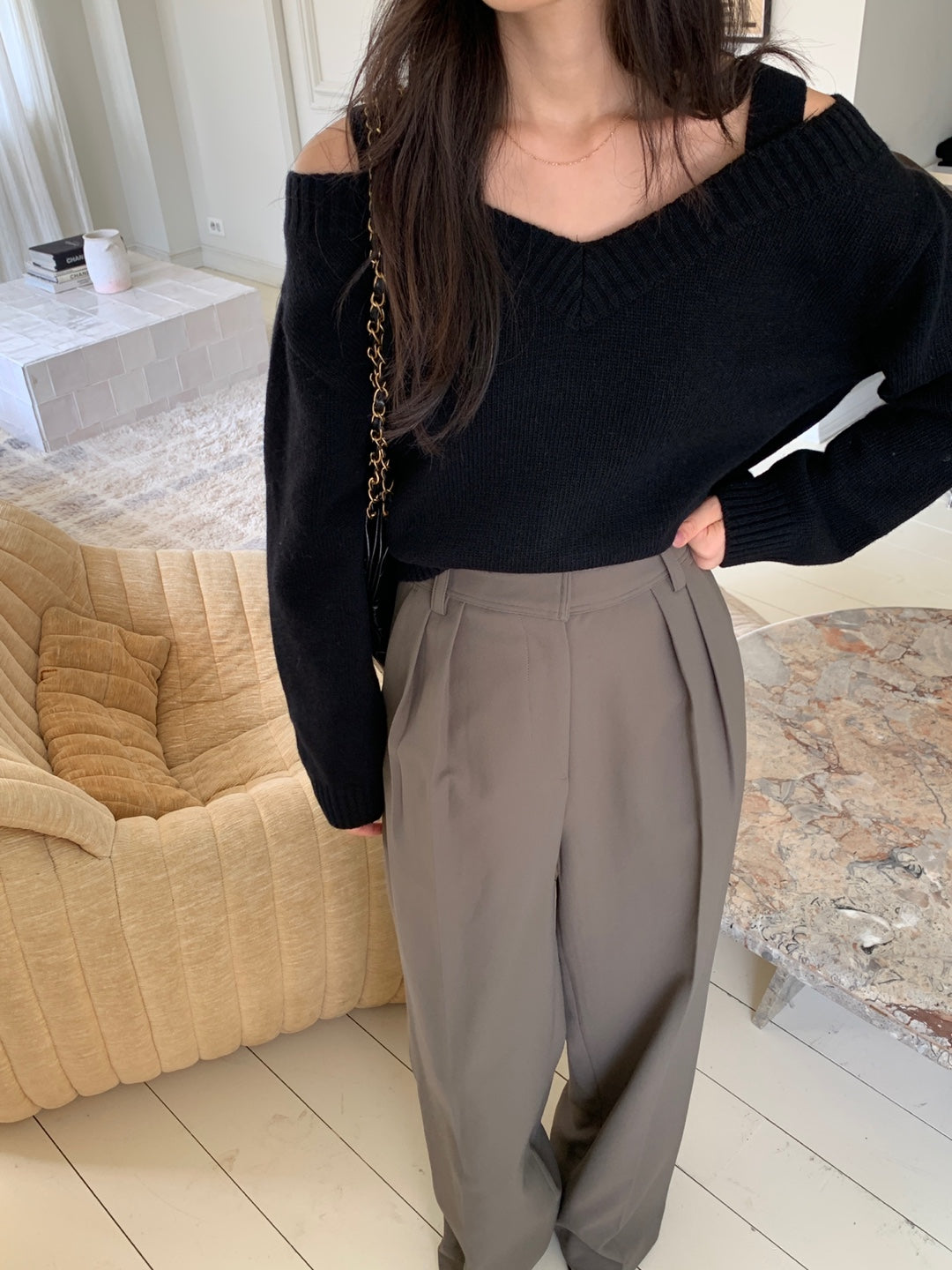 Wool V Neck Off Shoulder Sweater