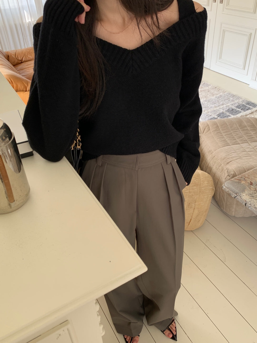 Wool V Neck Off Shoulder Sweater