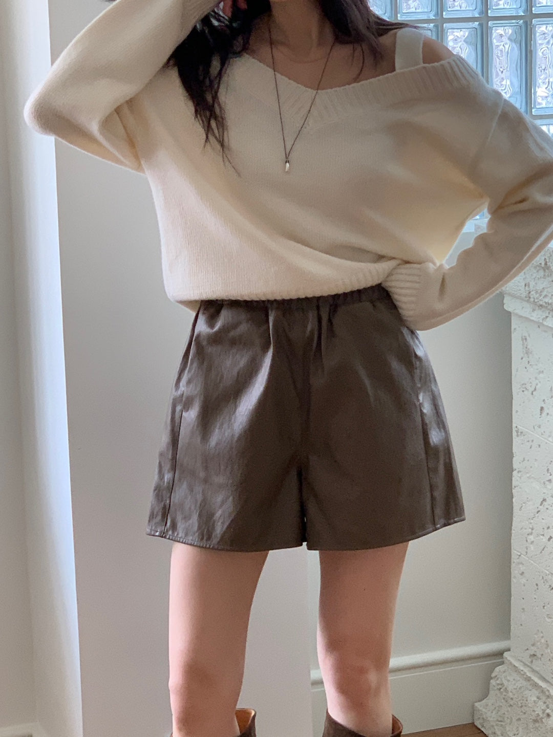 Wool V Neck Off Shoulder Sweater