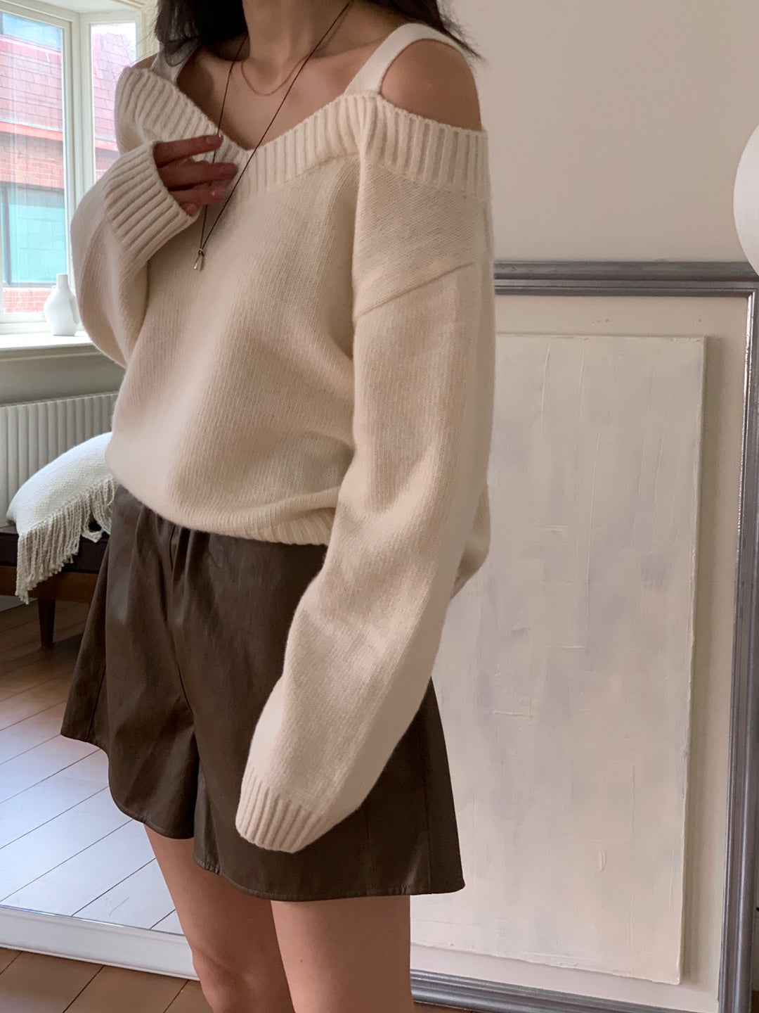 Wool V Neck Off Shoulder Sweater