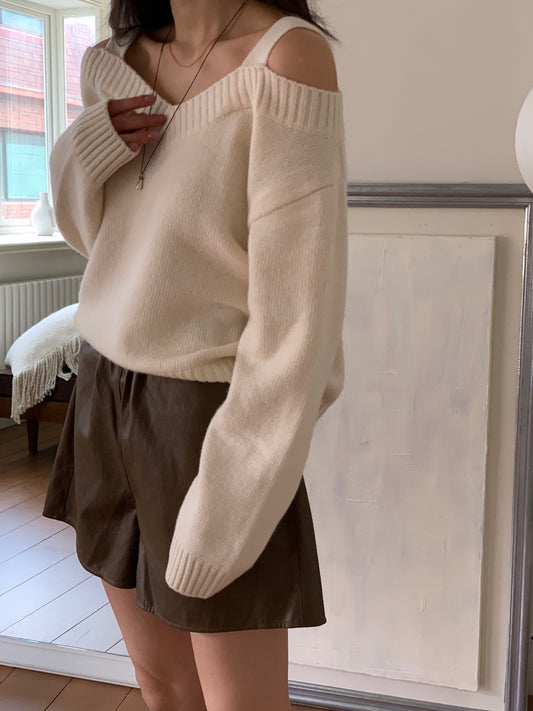 Wool V Neck Off Shoulder Sweater