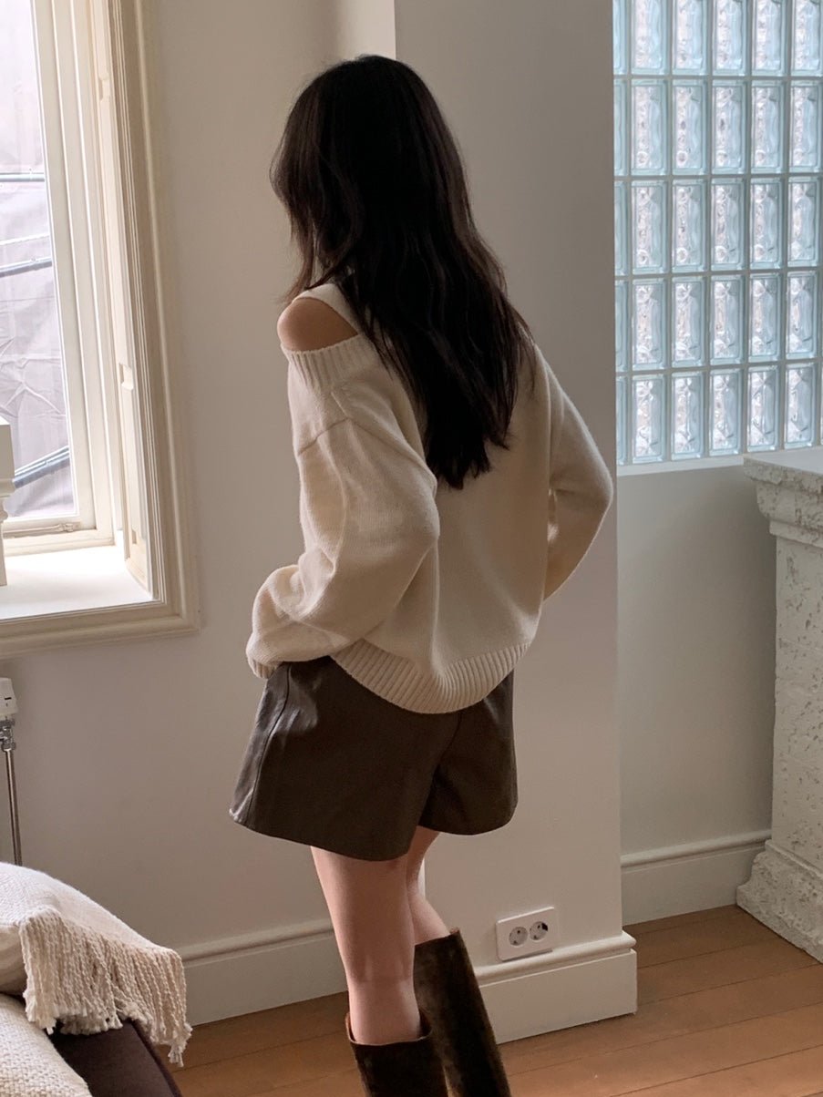 Wool V Neck Off Shoulder Sweater