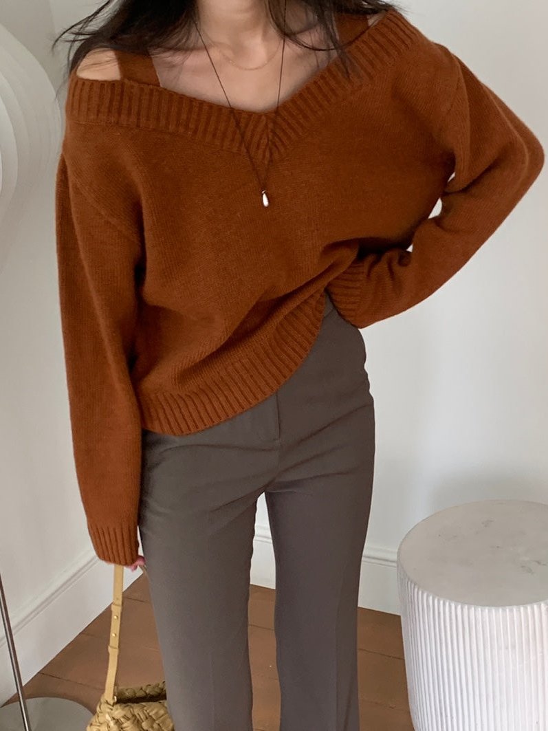 Wool V Neck Off Shoulder Sweater