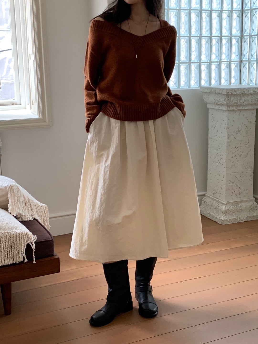 Wool V Neck Off Shoulder Sweater