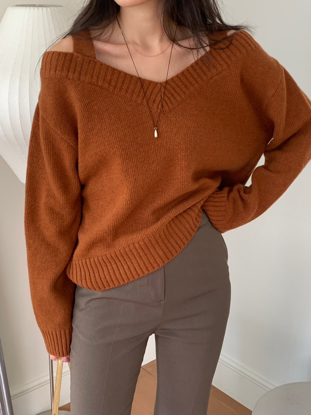 Wool V Neck Off Shoulder Sweater