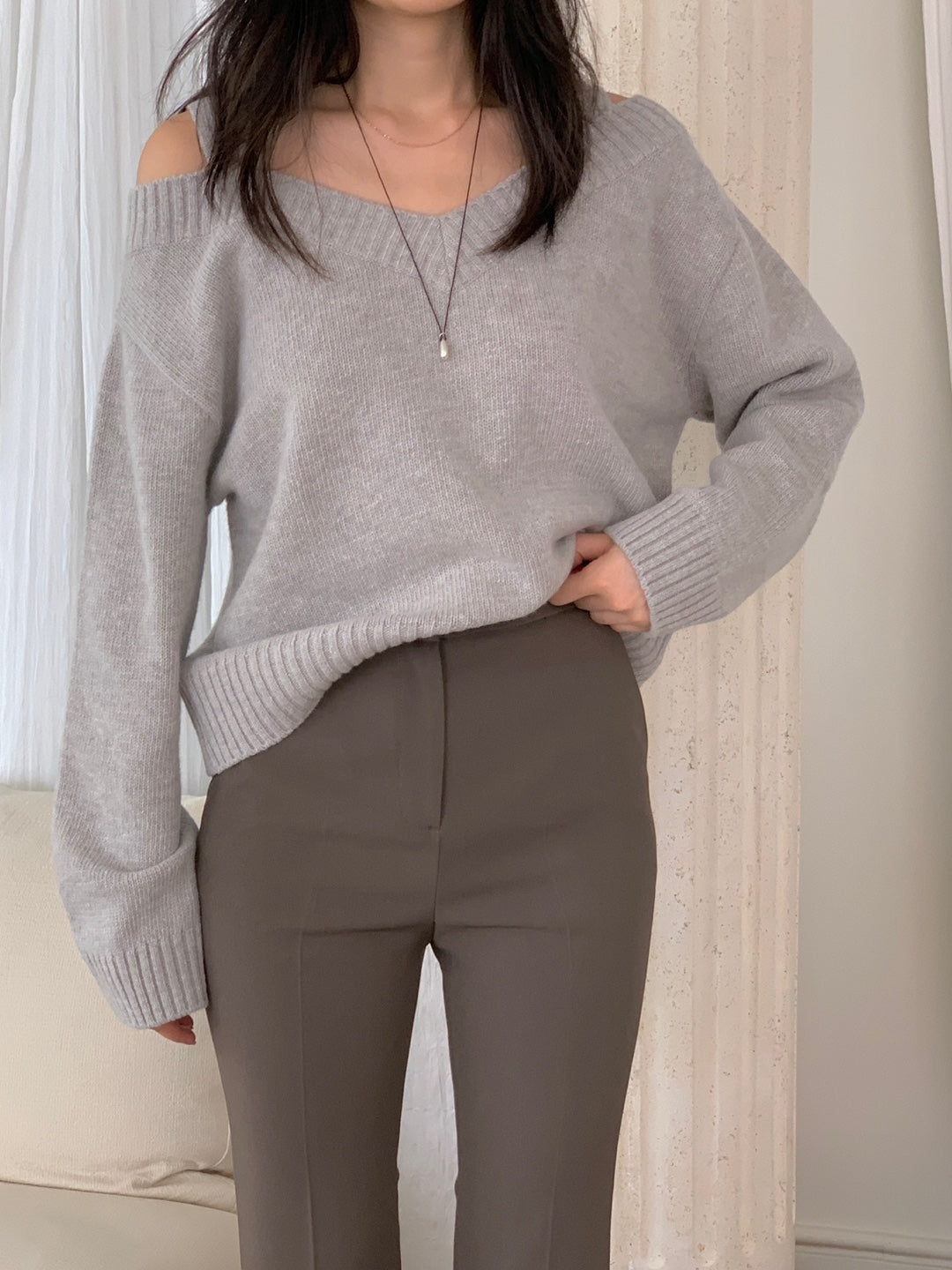 Wool V Neck Off Shoulder Sweater