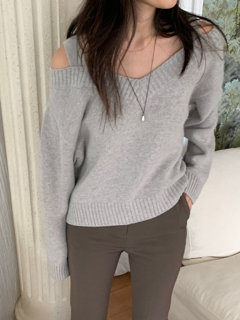 Wool V Neck Off Shoulder Sweater