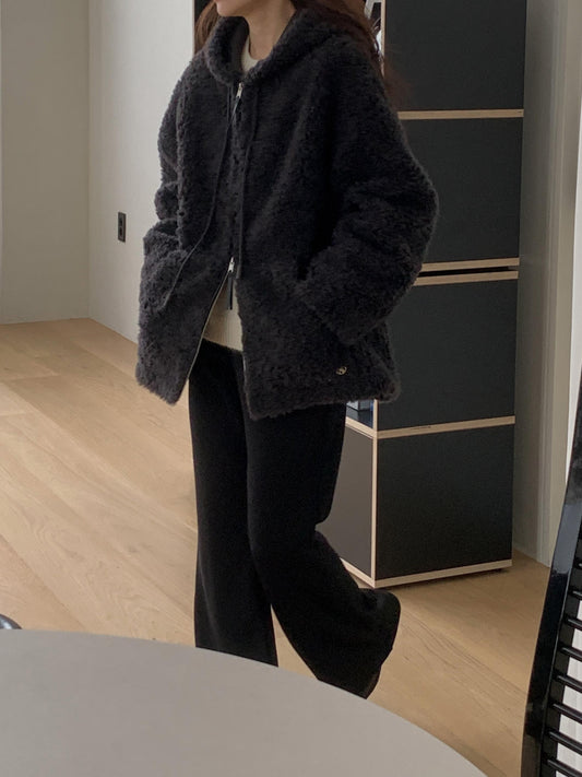 Faux Shearling Zip Up Jacket with a Hood