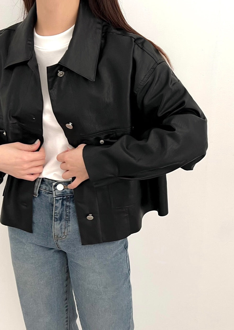 Faux Leather Cropped Shirt Jacket