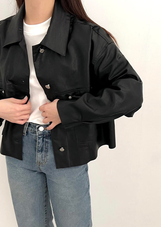 Faux Leather Cropped Shirt Jacket