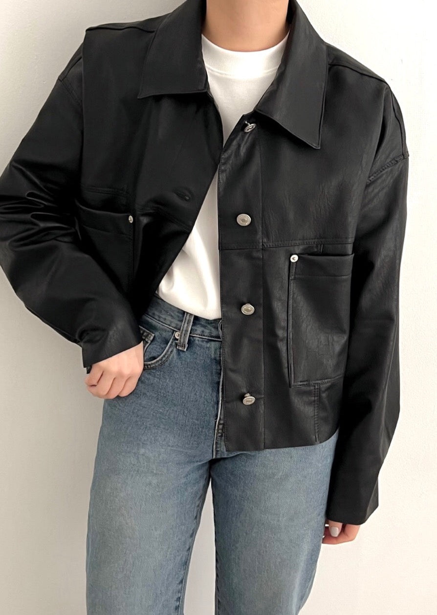 Faux Leather Cropped Shirt Jacket
