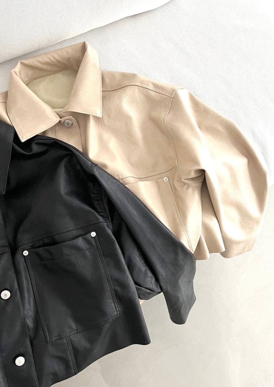 Faux Leather Cropped Shirt Jacket