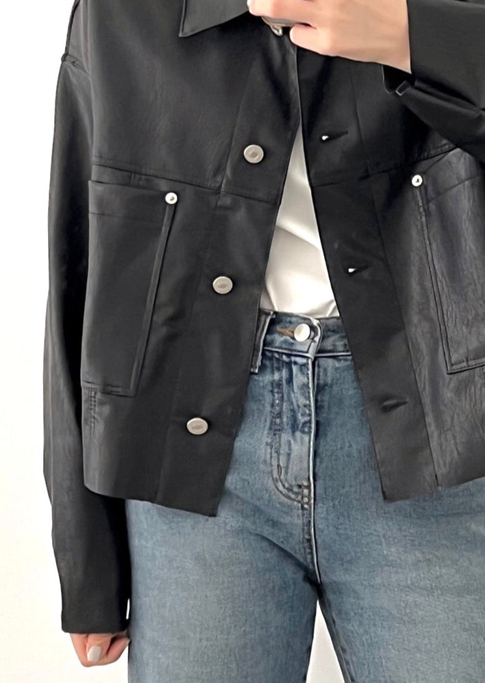 Faux Leather Cropped Shirt Jacket