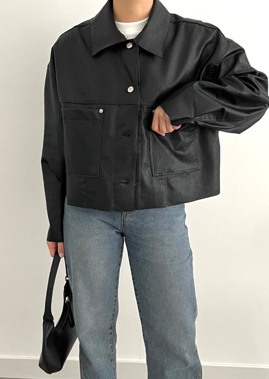 Faux Leather Cropped Shirt Jacket