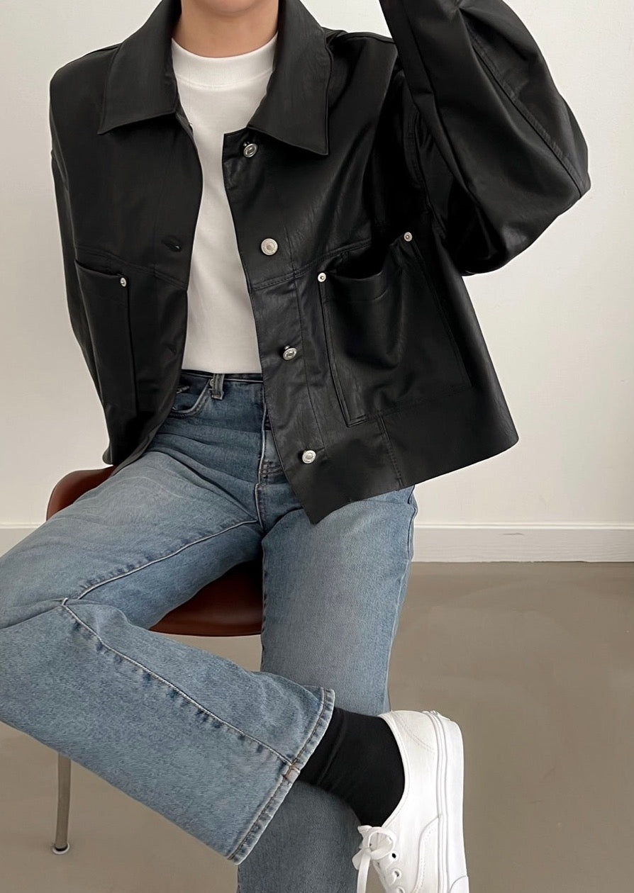 Faux Leather Cropped Shirt Jacket