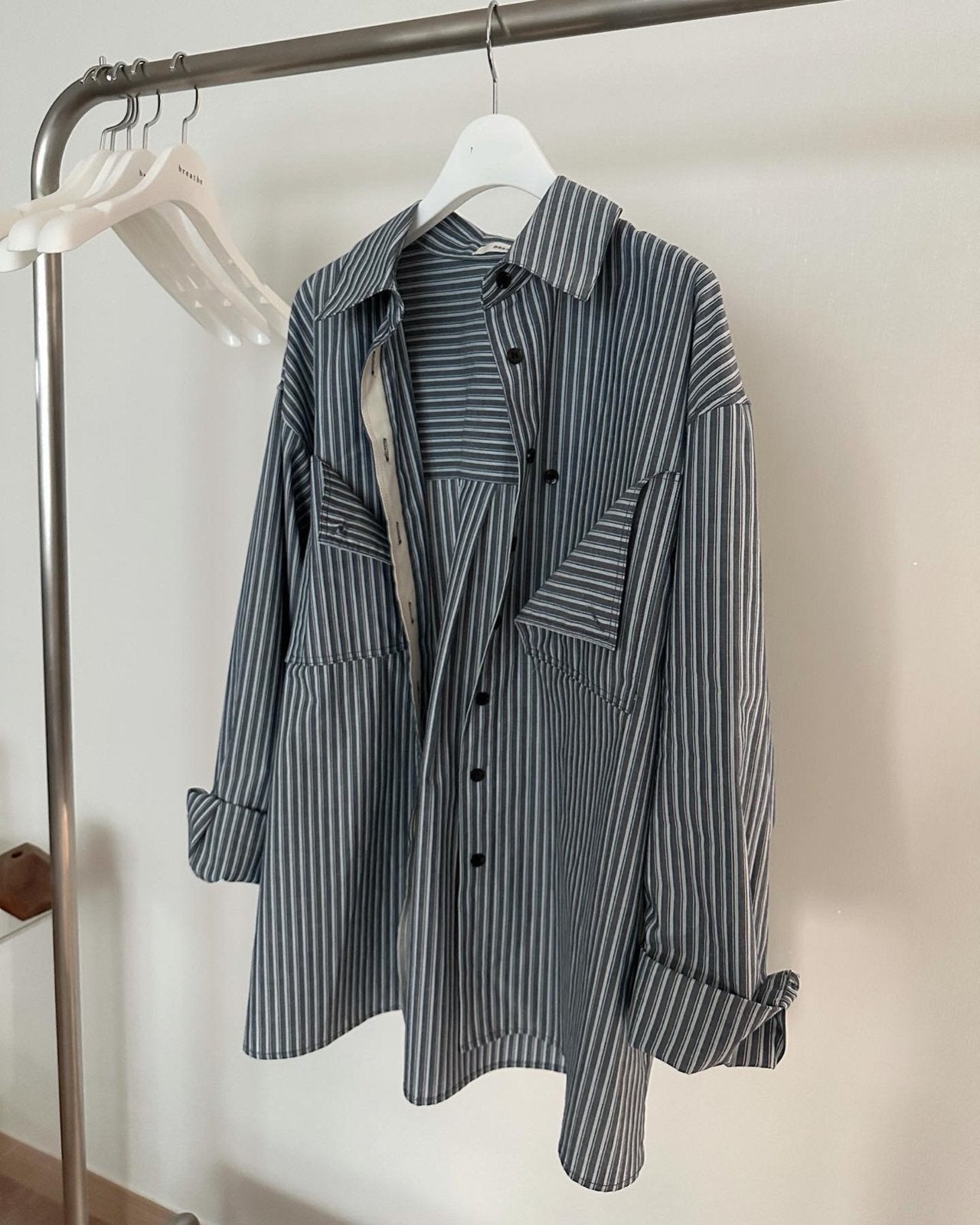 <Abi + Ari> Black Label Patched Pocket Stripe Shirt