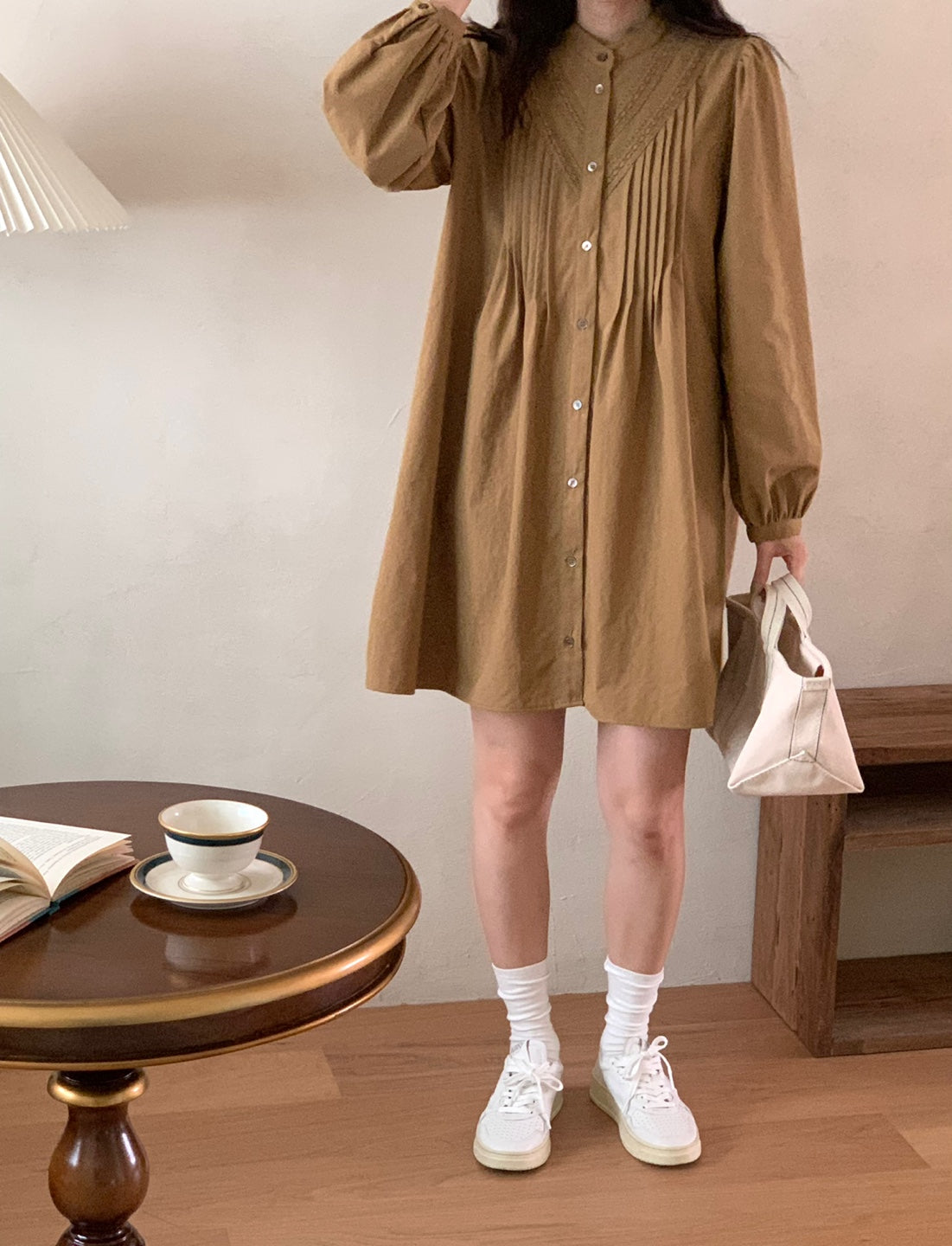 Pintuck Cotton Shirt Dress