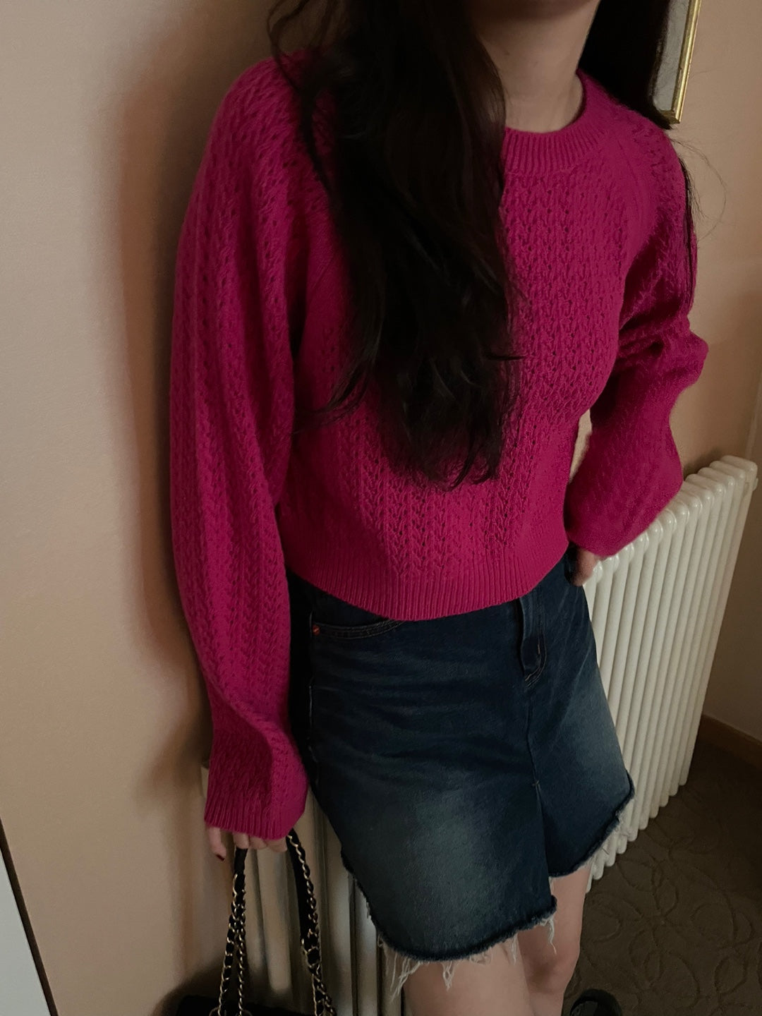 Pointelle Cropped Sweater - 1 in Grey left