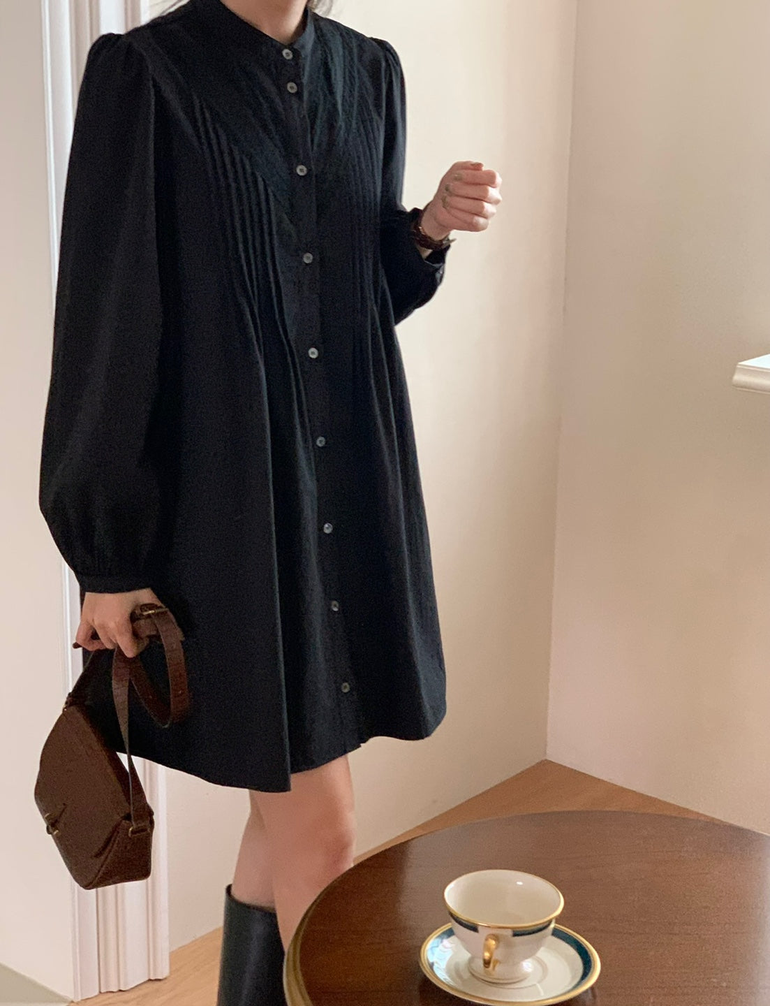 Pintuck Cotton Shirt Dress