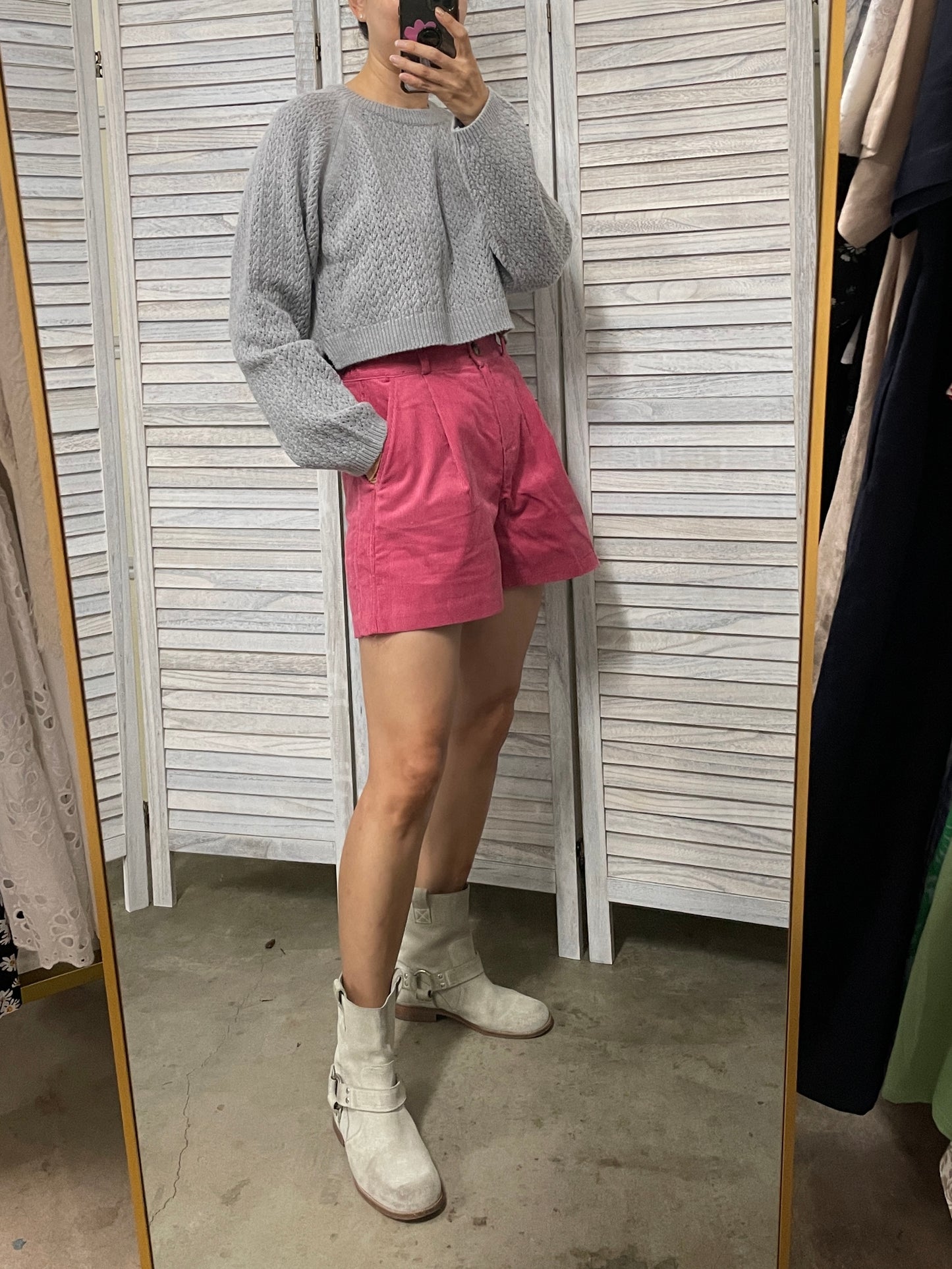 Pointelle Cropped Sweater - 1 in Grey left