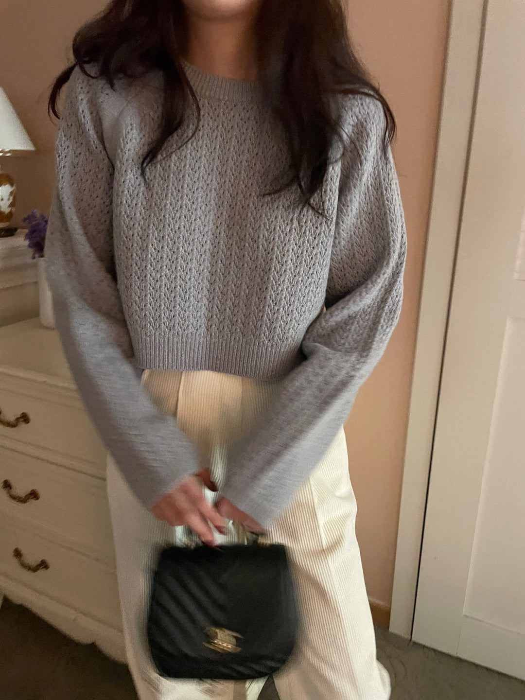 Pointelle Cropped Sweater - 1 in Grey left