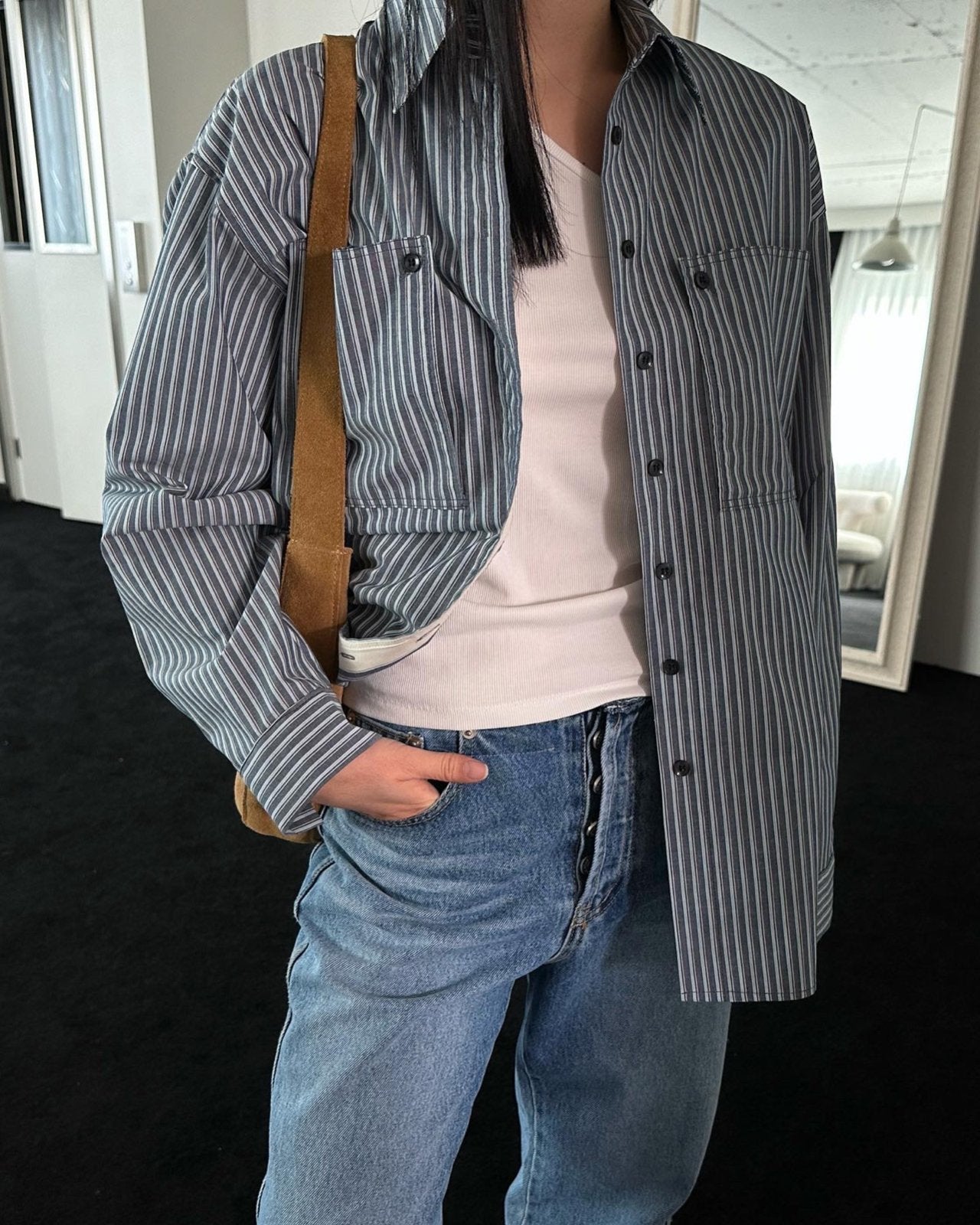 <Abi + Ari> Black Label Patched Pocket Stripe Shirt
