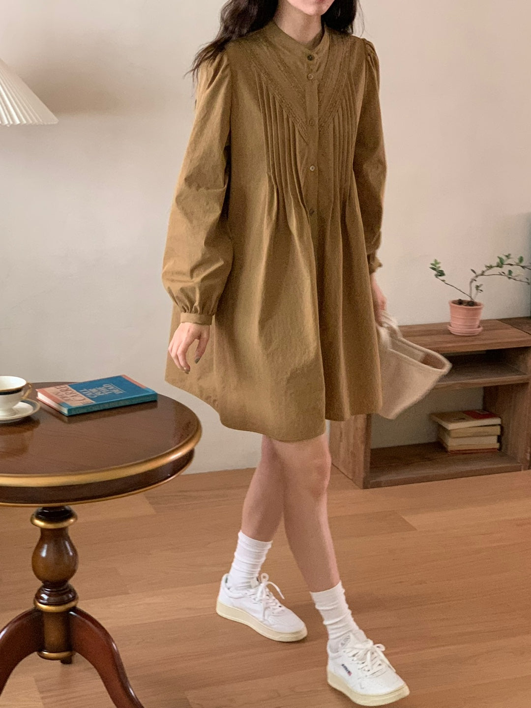 Pintuck Cotton Shirt Dress