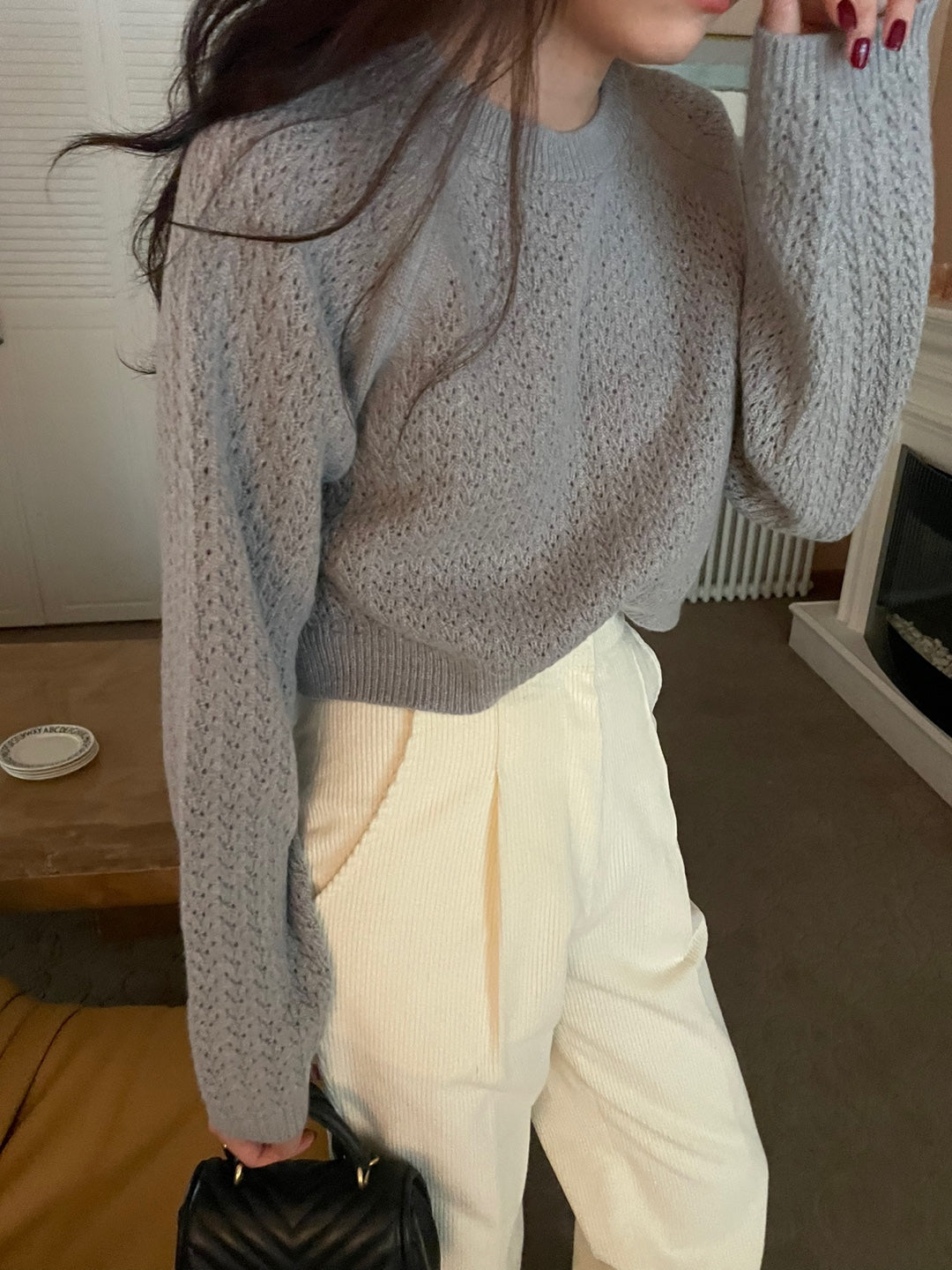 Pointelle Cropped Sweater - 1 in Grey left