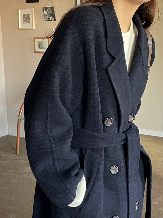 <Abi + Ari Black> Wool Plaid Handmade Coat