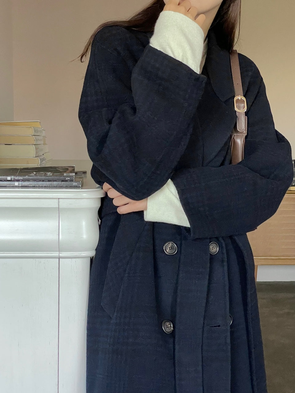 <Abi + Ari Black> Wool Plaid Handmade Coat