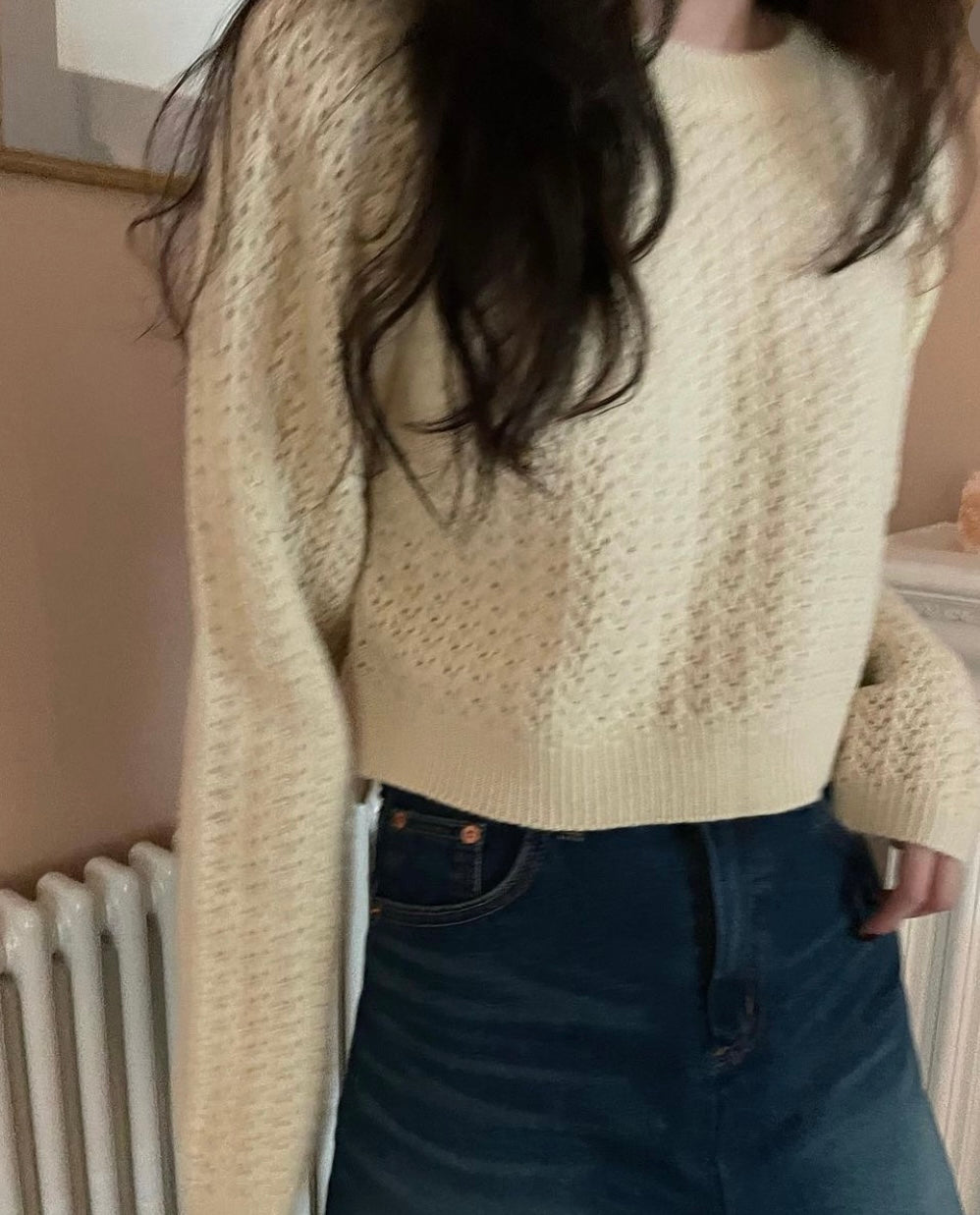 Pointelle Cropped Sweater - 1 in Grey left