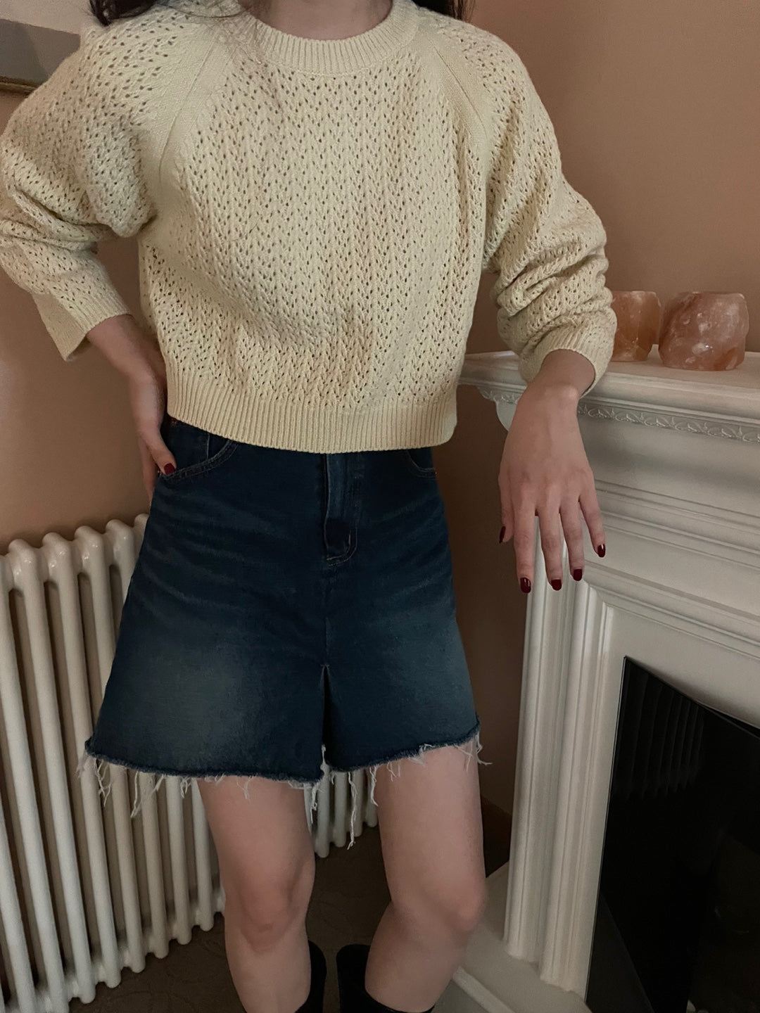 Pointelle Cropped Sweater - 1 in Grey left