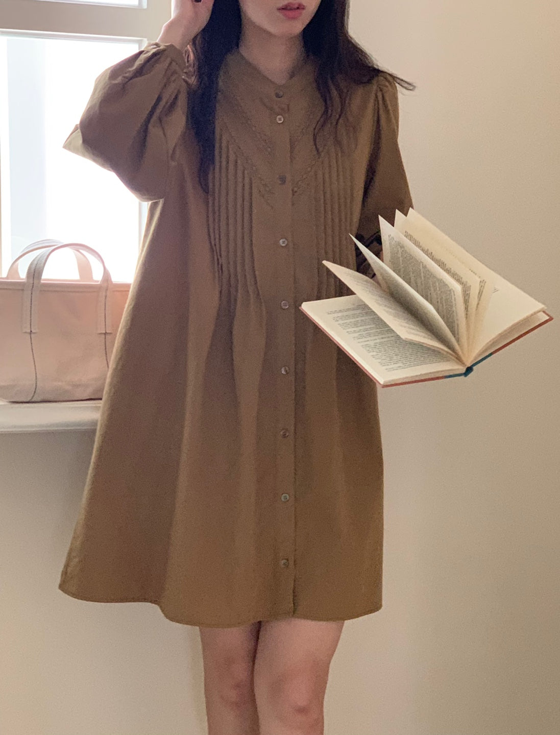 Pintuck Cotton Shirt Dress